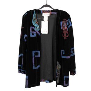 Studio G Velvet Open Front Cardigan Jacket L Abstract Vases Black Long Casual